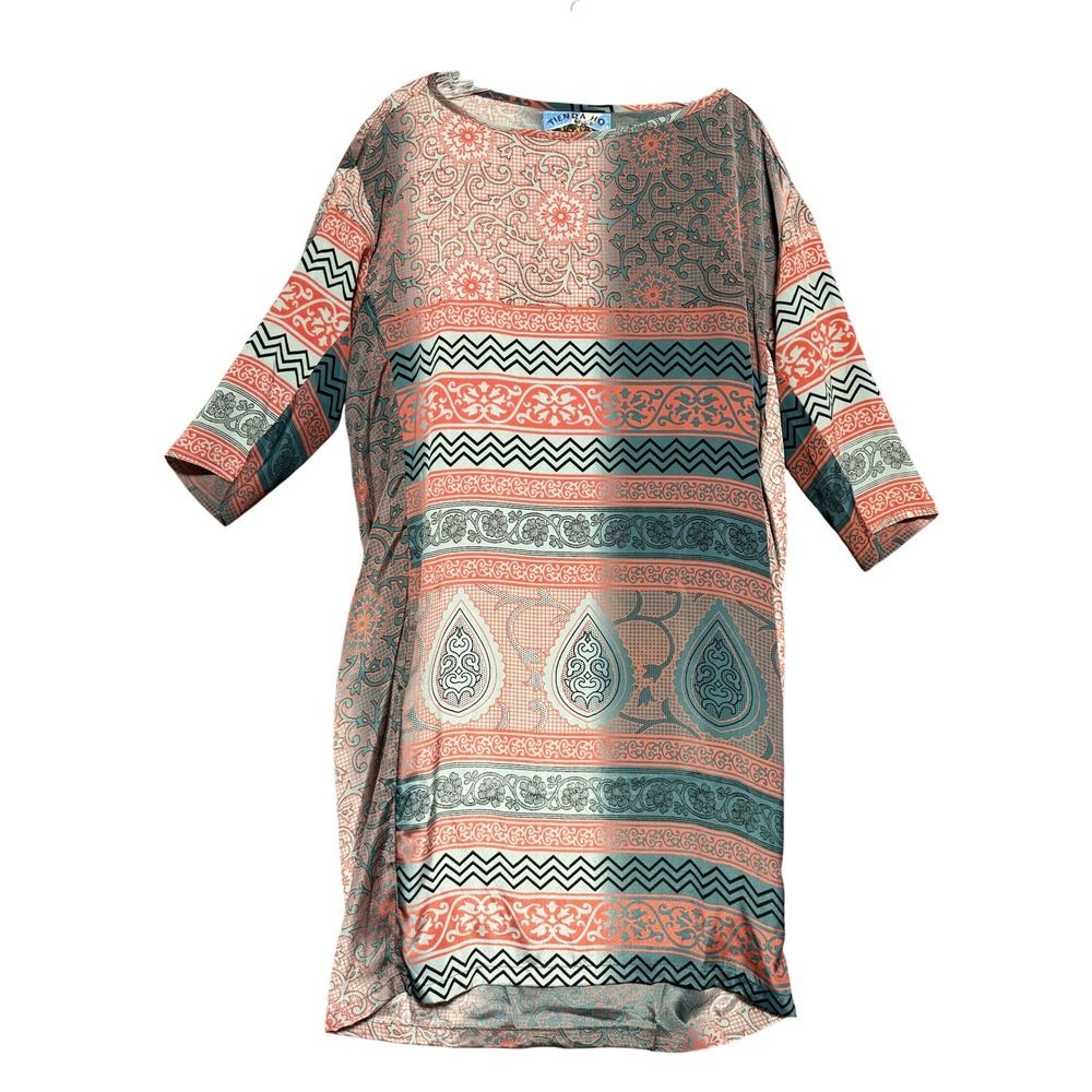 Tienda Ho Silk Blend Tunic Dress L/XL Coral Green Boho Paisley Kaftan Resort NWT